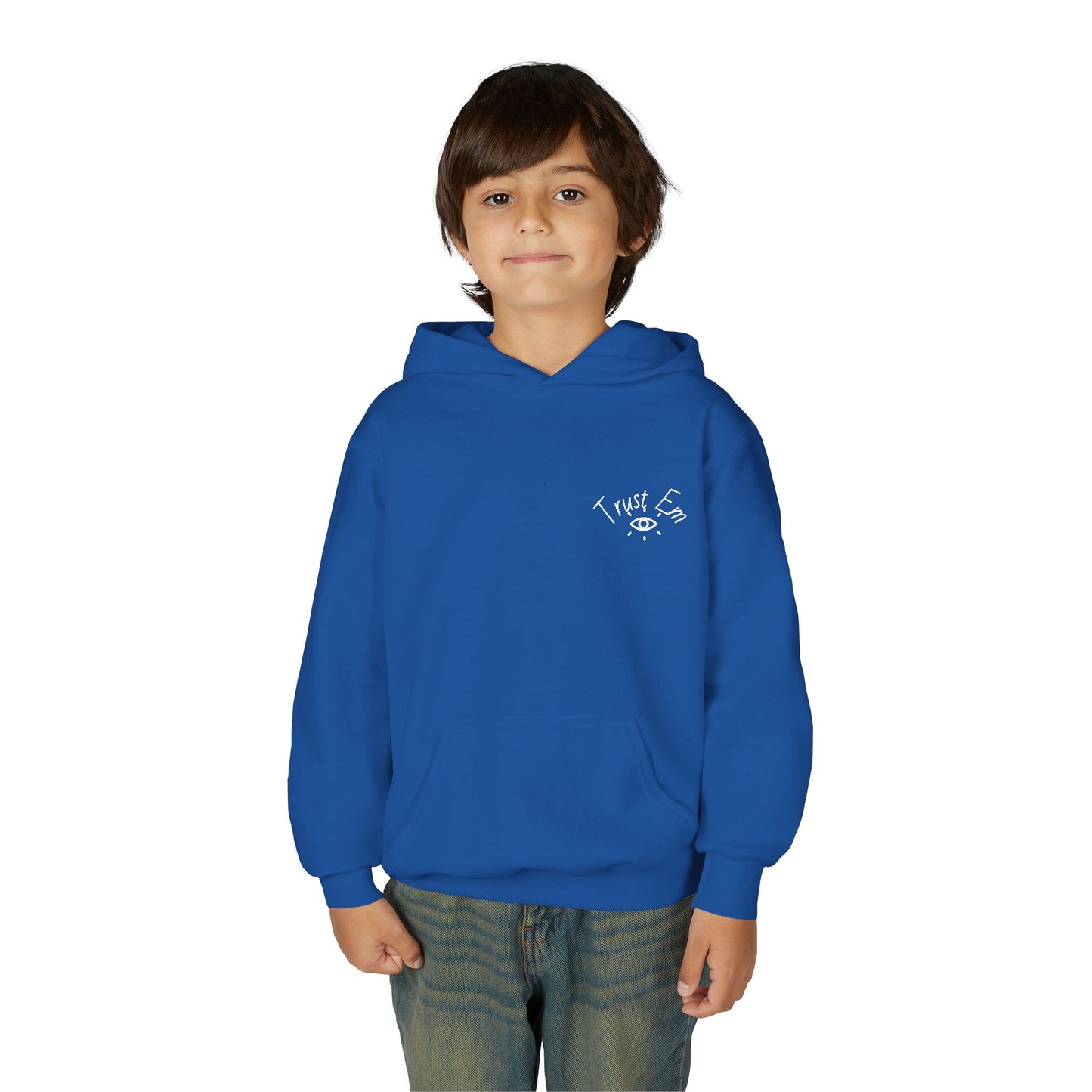 Youth Hooded Sweatshirt - Trust Em, Cozy Pullover, Perfect for Teens, Gift for Birthdays, Casual Use, Everyday Wear