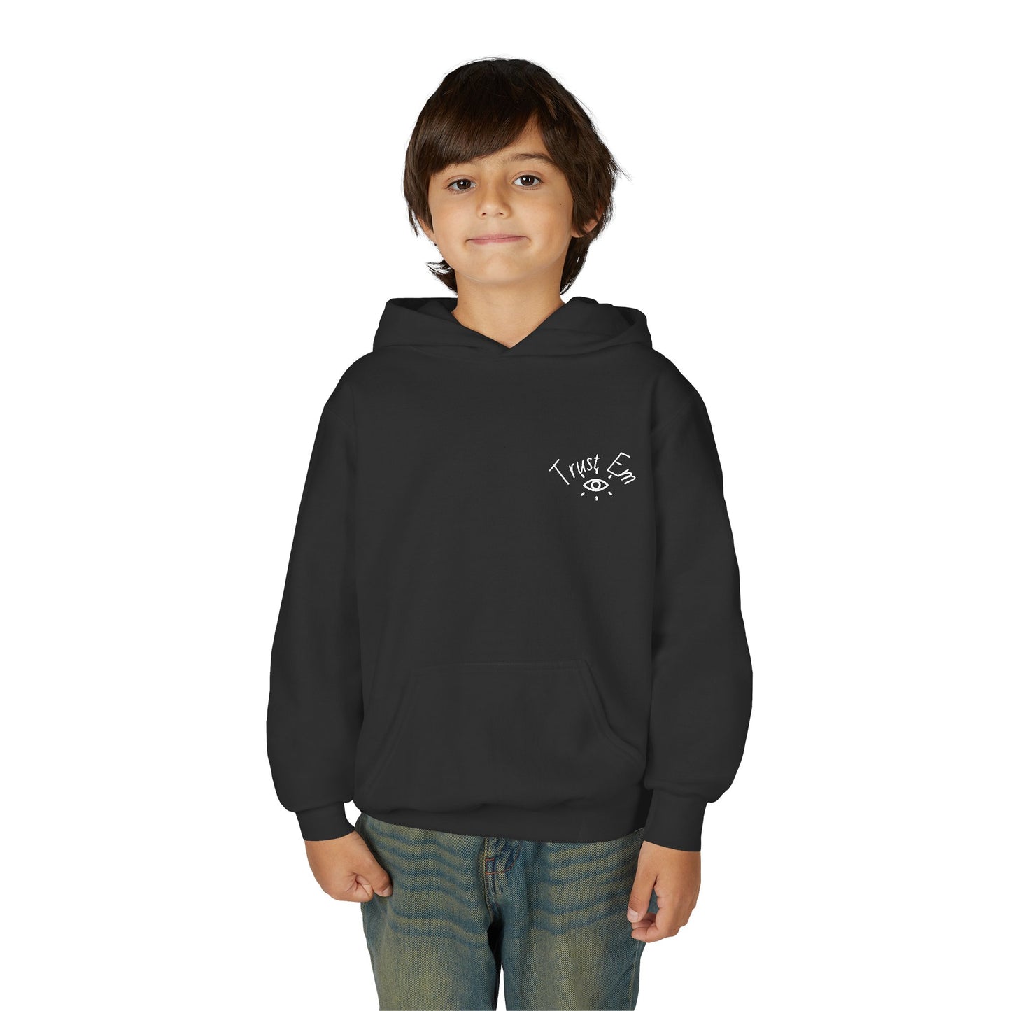 Youth Hooded Sweatshirt - Trust Em, Cozy Pullover, Perfect for Teens, Gift for Birthdays, Casual Use, Everyday Wear