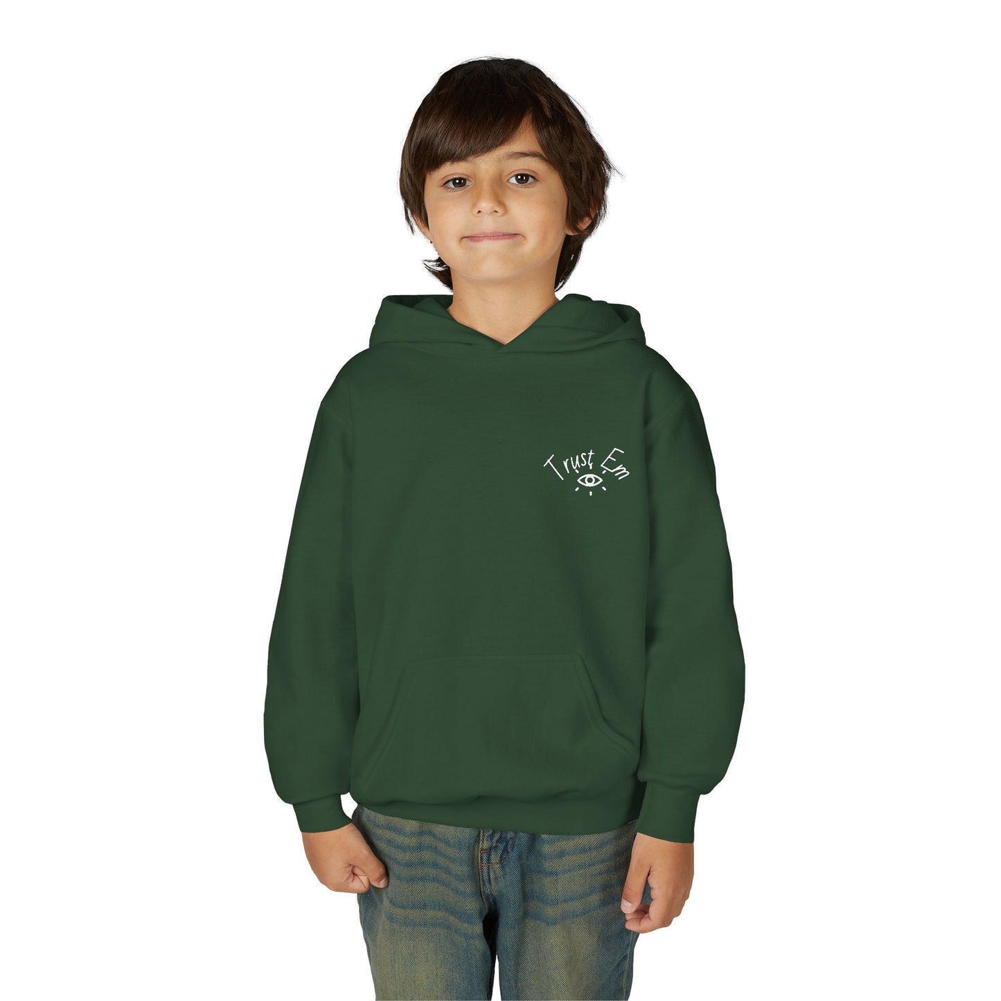Youth Hooded Sweatshirt - Trust Em, Cozy Pullover, Perfect for Teens, Gift for Birthdays, Casual Use, Everyday Wear