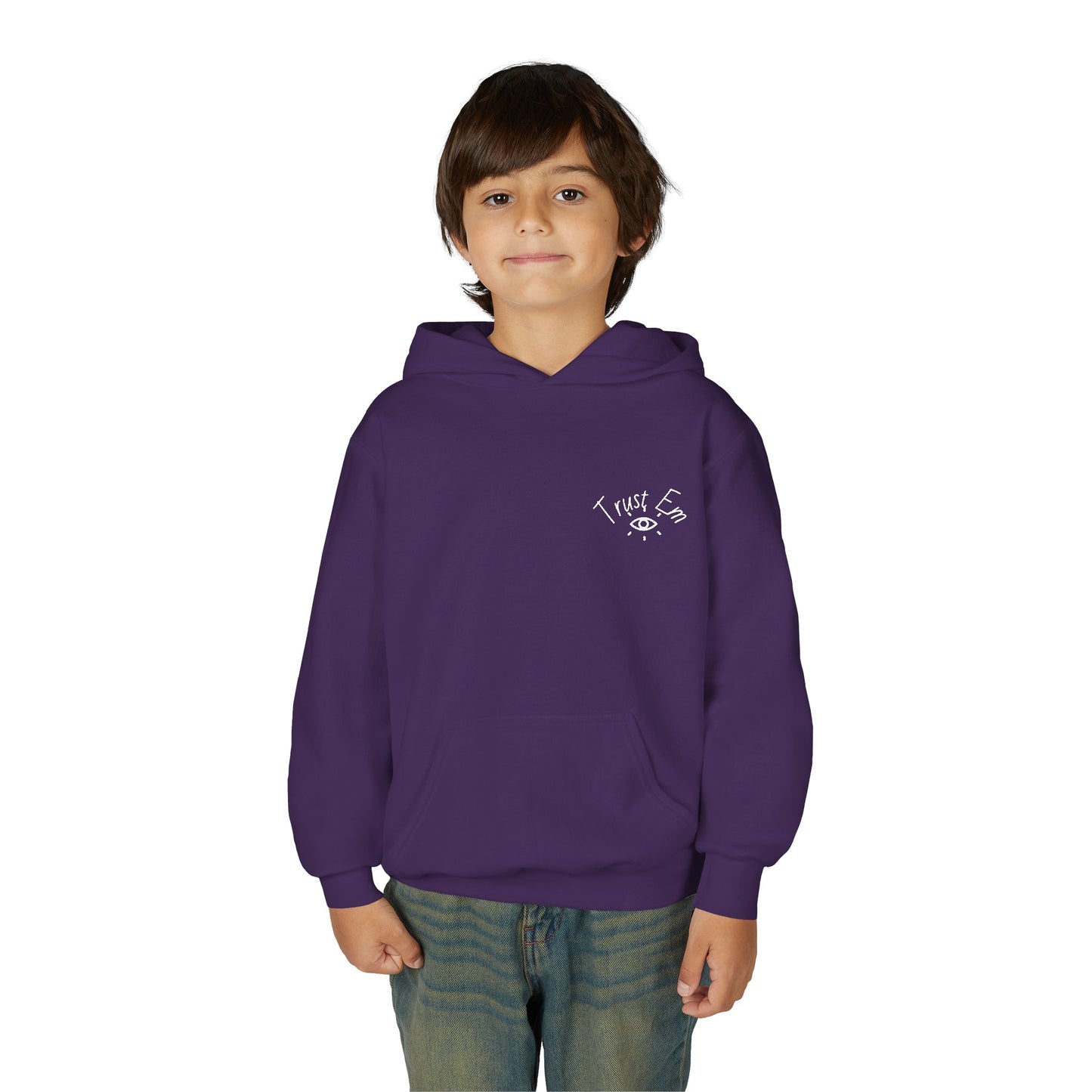 Youth Hooded Sweatshirt - Trust Em, Cozy Pullover, Perfect for Teens, Gift for Birthdays, Casual Use, Everyday Wear