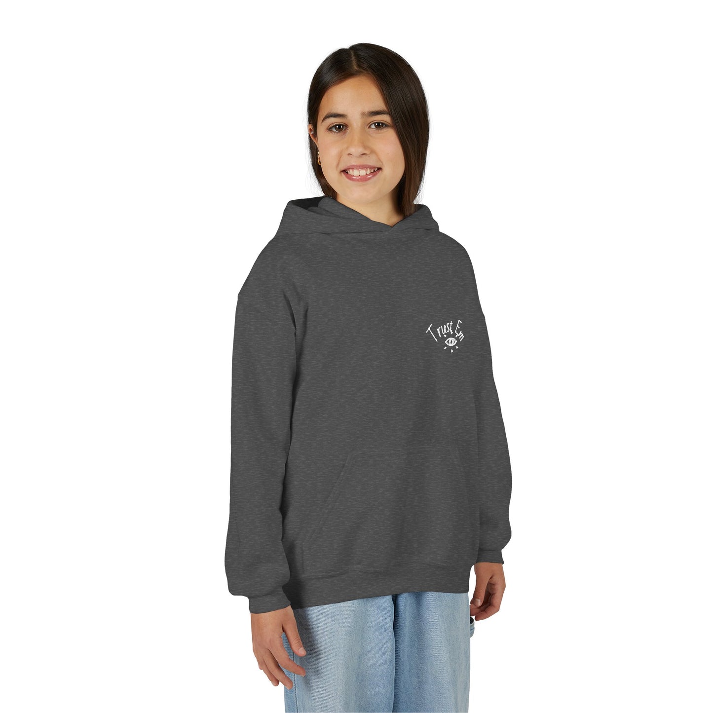 Youth Hooded Sweatshirt - Trust Em, Cozy Pullover, Perfect for Teens, Gift for Birthdays, Casual Use, Everyday Wear