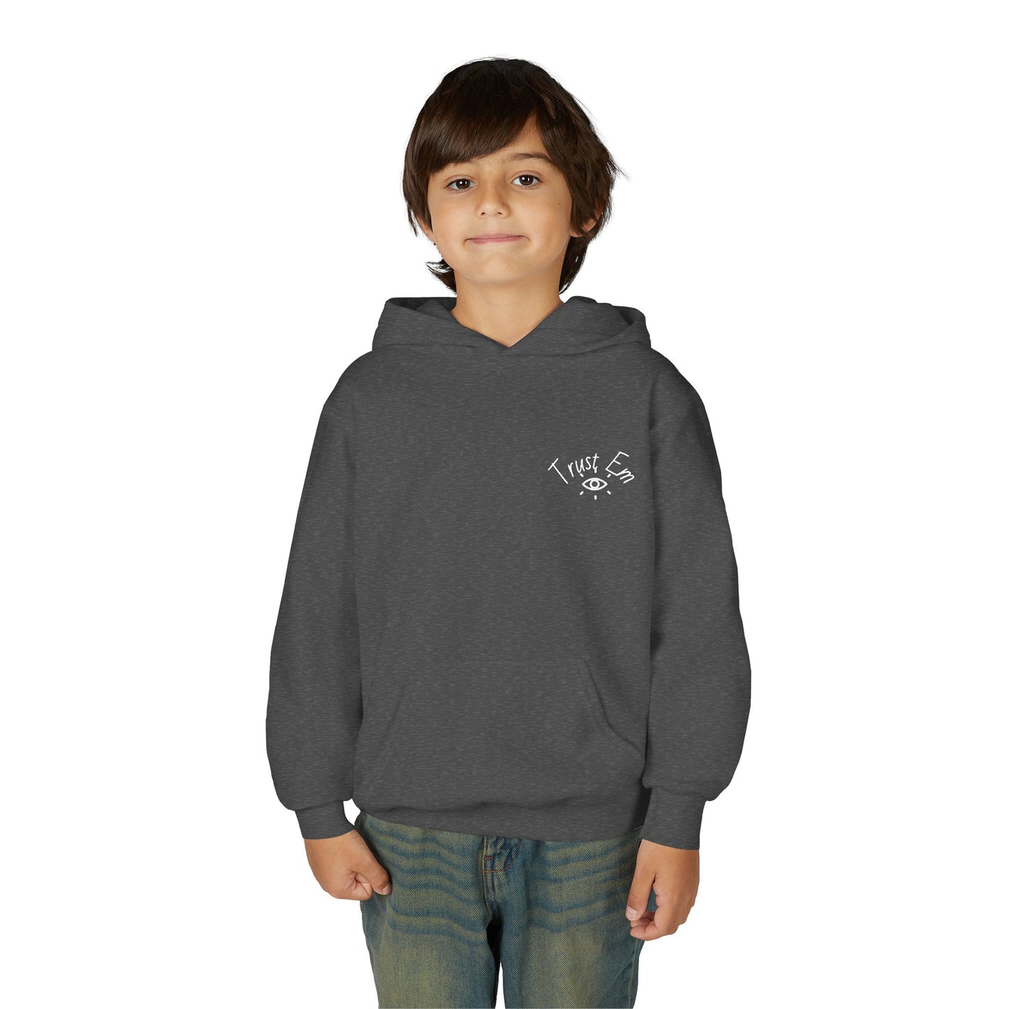 Youth Hooded Sweatshirt - Trust Em, Cozy Pullover, Perfect for Teens, Gift for Birthdays, Casual Use, Everyday Wear